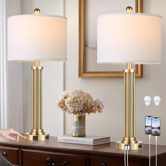 28" Tall Modern Table Lamps Set of 2 with USB C+A Ports and AC Outlet, 3 Way Touch Metal Bedside Lamps for Living Room, Gold Nightstand Lamps for Bedroom
