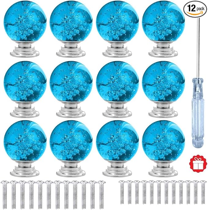 12 Pcs 30mm Round Shape Bubble Crystal Glass Cabinet Knobs with Screws Drawer Knob Pull Handle Used for Kitchen, Dresser, Door, Cupboard (Azure)