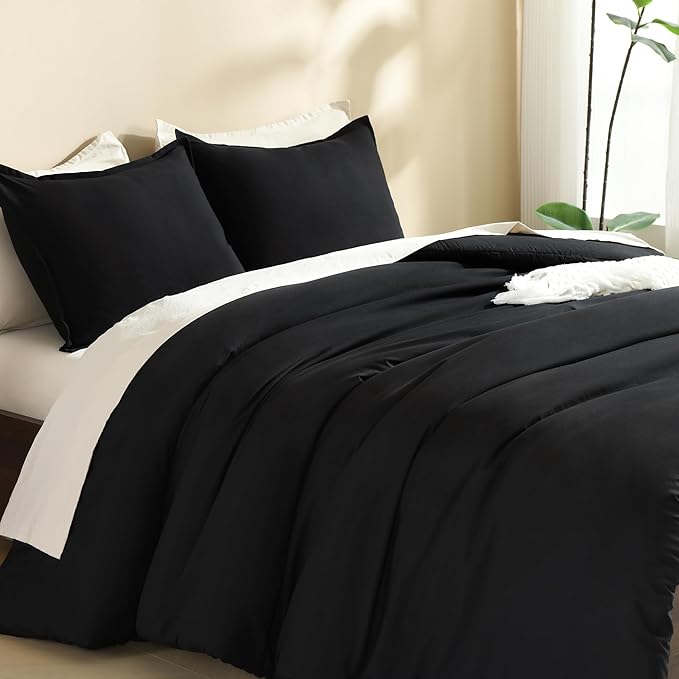 Litanika Black Comforter King Size, 3 Pieces Lightweight Solid Bedding Comforter Set, All Season Fluffy Bed Set (104x90In Comforter & 2 Pillowcases)