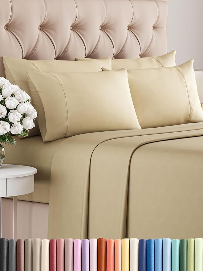 King 6 Piece Sheet Set - Comfy Breathable & Cooling - Ultra Soft Hotel Luxury Bedding Set with 8-16 Inch Deep Pockets - 1 Flat & 1 Fitted Sheet & 4 Pillowcases - Cozy, Wrinkle Free & Easy Care - Beige