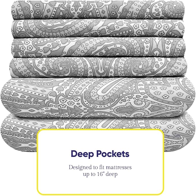 Queen Sheets Paisley Grey - 6 Piece 1500 Supreme Collection Fine Brushed Microfiber Deep Pocket Queen Sheet Set Bedding - 2 Extra Pillow Cases, Great Value, Queen, Paisley Gray
