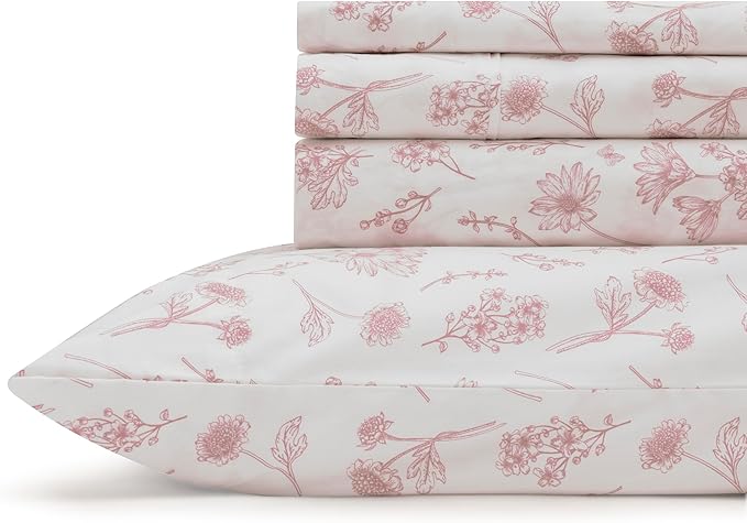 Linen Home 100% Cotton Printed Percale Sheets King Size, Deep Pocket, 4 Pieces Set - 1 Flat, 1 Deep Pocket Fitted Sheet and 2 Pillowcases, Crisp Cool and Strong Bed Linen, Mauve Botanical Floral