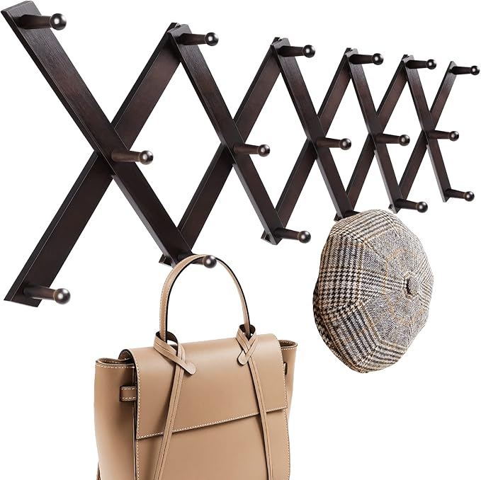 Homode Accordion Wall Hanger, Hat Hangers Wall Mounted, Wood Accordian Coat Rack with 17 Hooks, Expandable Peg Rack Wall Organizer for Hanging Baseball Caps, Hats, Purse, Coffee Cup, Bag, Walnut