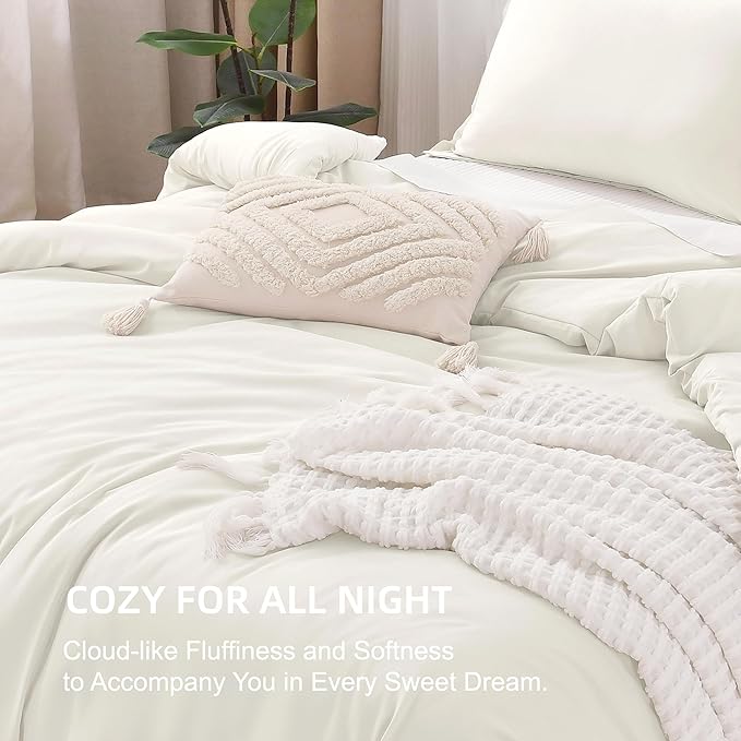 Litanika Oversized King Comforters Ivory Super King Plus Size, 3 Pieces Lightweight Solid Bedding Comforter Set, All Season Fluffy Bed Set (128x120In Comforter & 2 Pillowcases)
