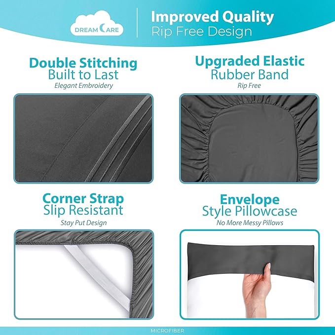DREAMCARE California King Sheet Sets - Cooling Bed Sheets - 4pcs Set - up to 15" Deep Pocket Cal King Sheets - California King Sheets - Soft & Lasting 100% Brushed Polyester with Side Pocket - D.Gray