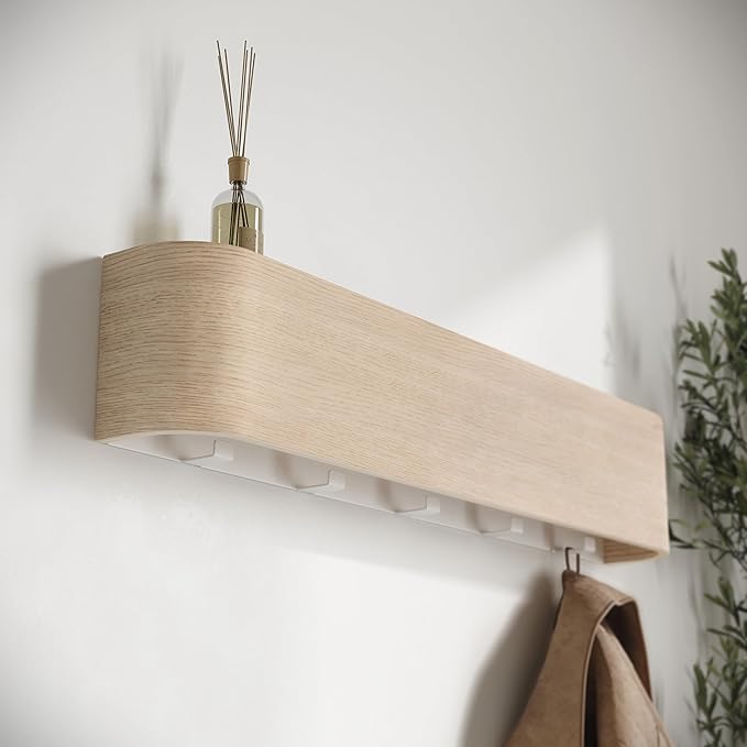 Kazai. Wall-Mounted Coat Rack 'Toke' - Modern Design Coat Rack with Hidden Wall Hooks - Solid Wood Veneer Panel Coat Hanger - Oak, White
