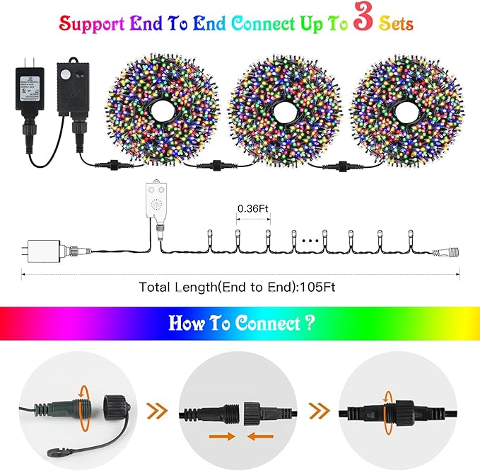 Motion Sensor Music Christmas Lights Outdoor Indoor, 108FT 300LED Christmas Tree Lights, Multicolor Christmas String Lights for Tree Party Holiday
