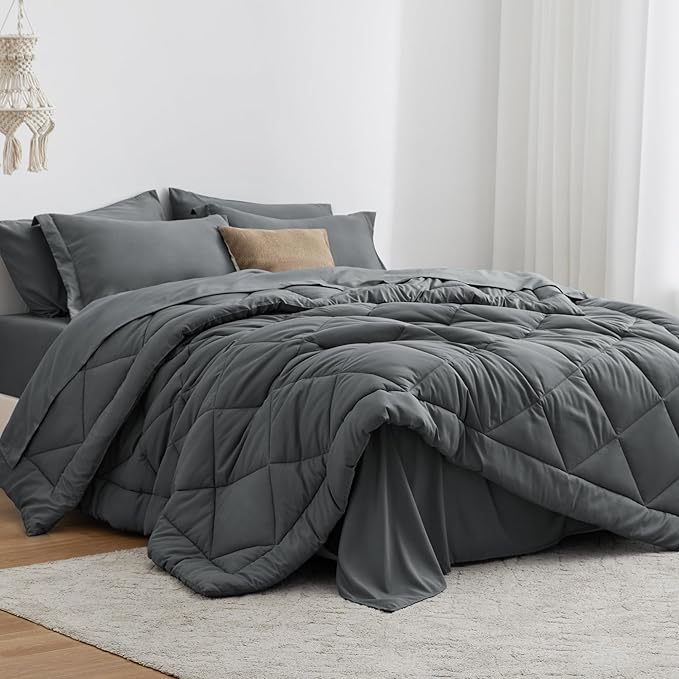 Love's cabin Queen Comforter Set Dark Grey, 7 Pieces Queen Bed in a Bag, All Season Bedding Sets with 1 Comforter, 1 Flat Sheet, 1 Fitted Sheet, 2 Pillowcase and 2 Pillow Sham