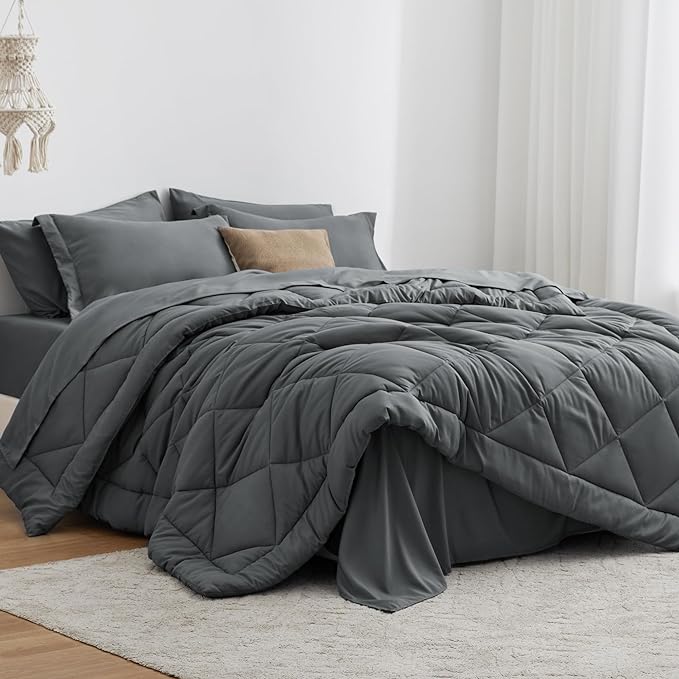 Love's cabin Oversized Queen Comforter Set Dark Grey, 7 Pieces Queen Bed in a Bag, All Season Queen Bedding Sets with 1 Comforter, 1 Flat Sheet, 1 Fitted Sheet, 2 Pillowcase and 2 Pillow Sham