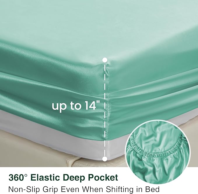 Love's cabin Full Satin Bed Linen Set, 4 Piece, Aqua, Silky Soft, Luxury Feeling, Wrinkle Resistant, Deep Pockets, Fitted & Flat Sheets, 2 Pillowcases