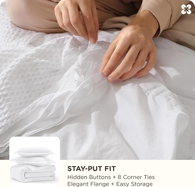 Bedsure Cotton Duvet Cover Set - 100% Cotton Waffle Weave Bright White Duvet Cover California King Size, GentleSoft™ and Breathable Cal King Bedding Set for All Season, 3 Pieces, 104"x98"