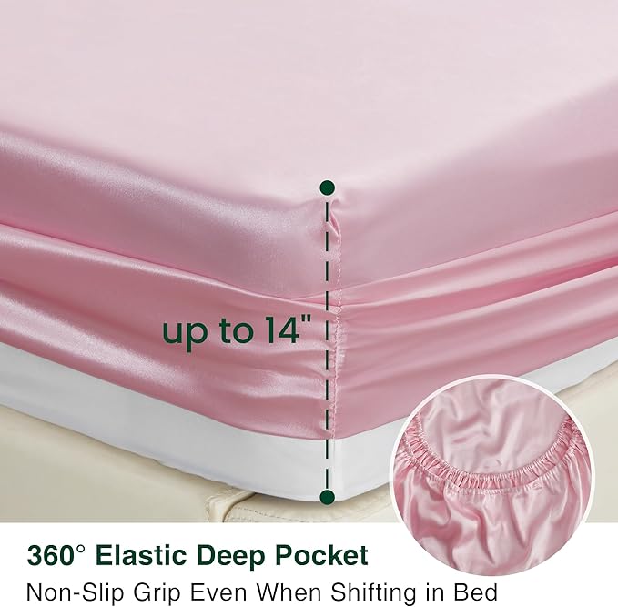 Love's cabin Satin Queen Sheets Set - 4 Piece Pink Silky Bed Sheets Set with Deep Pocket, Luxury Silk Feel Satin Queen Size Sheet Set (1 Flat Sheet,1 Fitted Sheet,2 Pillow Cases)