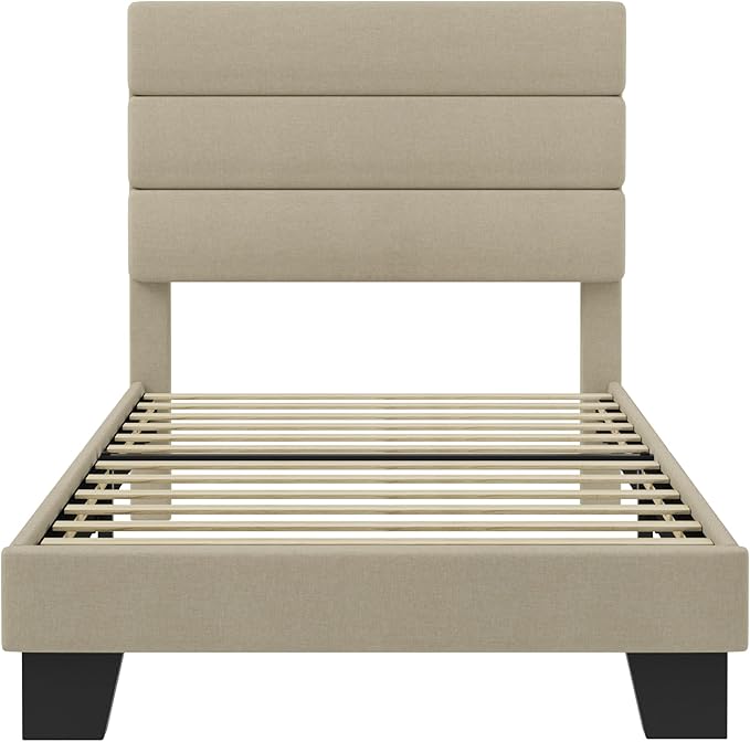 SHA CERLIN Twin Platform Bed Frame with Upholstered Fabric Headboard, Mattress Foundation with Strong Wooden Slats Support, No Box Spring Needed, Beige