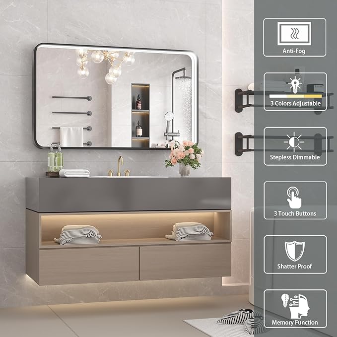 40x24 Inch LED Bathroom Mirror with Lights, Black Metal Framed LED Mirror for Bathroom, 3 Colors and Stepless Dimmable Wall Mounted Lighted Bathroom Vanity Mirror, Anti-Fog, Memory