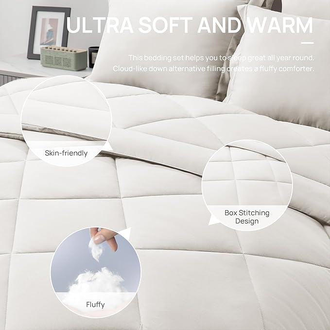 Love's cabin Queen Comforter Set Off White, 7 Pieces Queen Bed in a Bag, All Season Bedding Sets with 1 Comforter, 1 Flat Sheet, 1 Fitted Sheet, 2 Pillowcase and 2 Pillow Sham