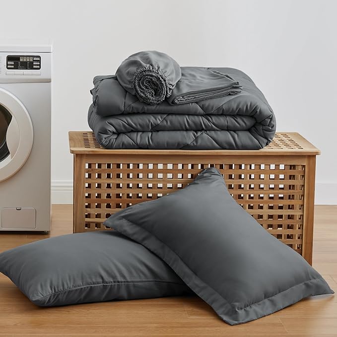 Love's cabin Twin Comforter Set Dark Grey, 5 Pieces Twin Bed in a Bag, All Season Bedding Sets with 1 Comforter, 1 Flat Sheet, 1 Fitted Sheet, 1 Pillowcase and 1 Pillow Sham