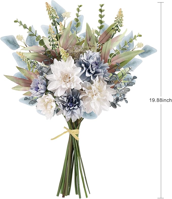 Fake Artificial Flowers Bouquet for Decoration, Silk Floral Arrangements Faux Flowers Plant Wedding Bride Bouquets Tables Centerpieces for Rustic Home Decor Indoor Vase Floral Table Decor (Blue White)
