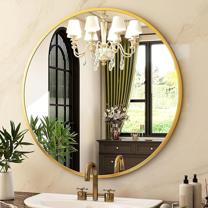HARRITPURE Round Mirror 36 Gold Wall Mounted Circle Mirrors Vanity Mirror with Brushed Aluminum Alloy Frame Modern Decoration for Bathroom, Living Room, Vanity, Bedroom, Entryway