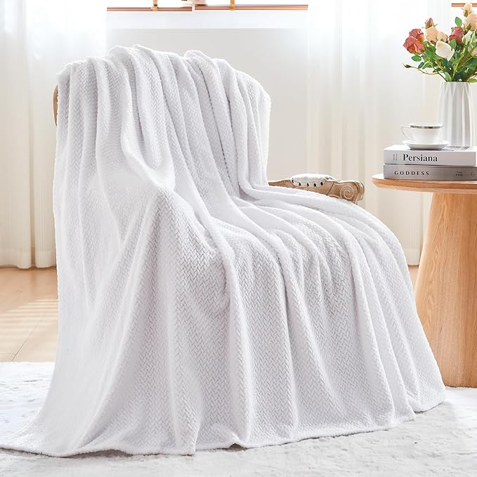 NEWCOSPLAY Super Soft Queen Blanket White Premium Silky Flannel Fleece Leaves Pattern Lightweight Bed Blanket All Season Use (White, Queen(90"x90"))