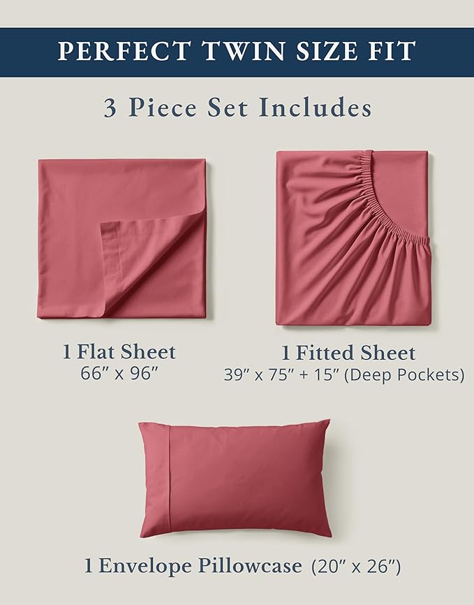 LANE LINEN Eco Friendly 100% Organic Cotton Twin Bed Sheet Set, Soft & Breathable Fully Elasticized Mercerized Cotton Twin Size Bedding Sheets & Pillowcase Set, Deep Pocket Bed Sheets - Mineral Red