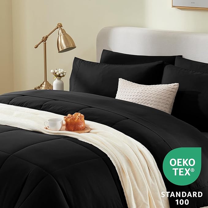 CozyLux Oversized King Comforter Sets Black, 7 Pieces Bed in a Bag, Ultra-Soft All Season Bedding Sets with Stitch Quilted Comforter, Flat Sheet, Fitted Sheet, Pillowcases, Black