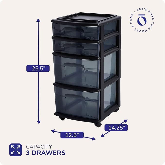 HOMZ 2-Pack Drawer Tower, 4-Tier Clear Plastic Storage Organizer Cart, Black Tint and Frame - Organizing Containers with Wheels for Home, Bathroom, Bedroom, Office, and Classroom
