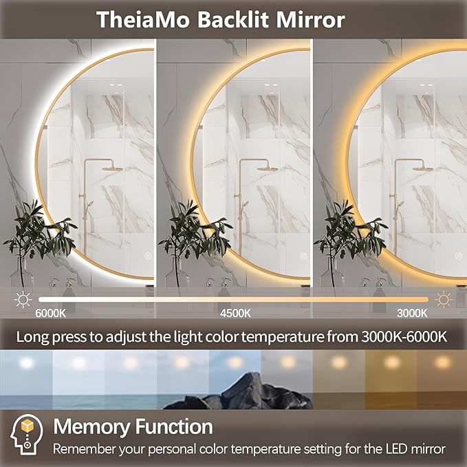 30" Round LED Bathroom Mirror, Wall Mounted Round Backlit Mirror LED Bathroom Vanity Mirror with Lights Fog Free Circle Lighted Mirror with Gold Frame, Smart Light up Mirror 3-Color