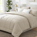 CozyLux California King Comforter Sets Oatmeal, 7 Pieces Cal King Bed in a Bag, All Season Bedding Sets with Stitch Quilted Comforter, Flat Sheet, Fitted Sheet, Pillowcases