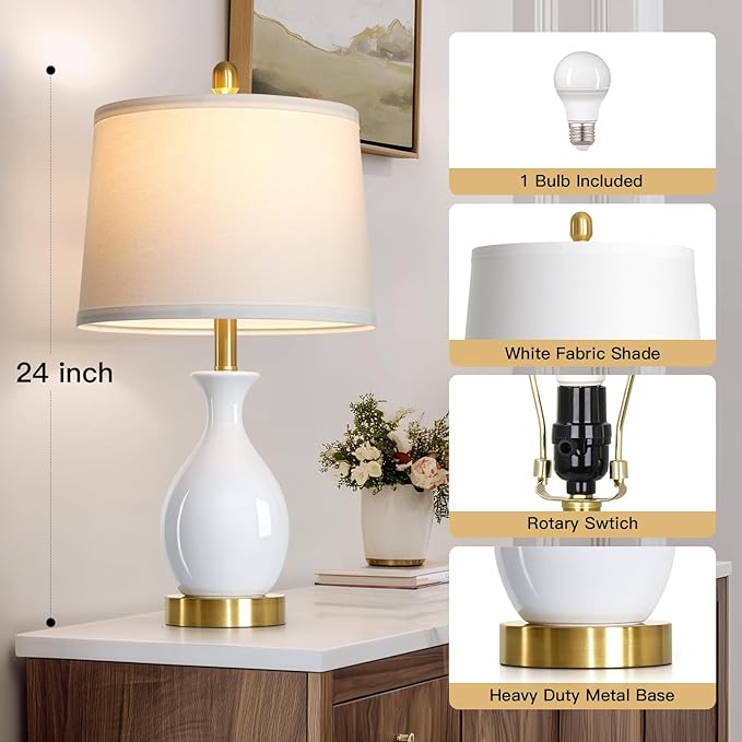 24" Bedside Table Lamp for Bedroom, Modern Classic Ceramic Lamp for Living Room, Small White Table Lamps for Nightstand & End Table (1 Pack)