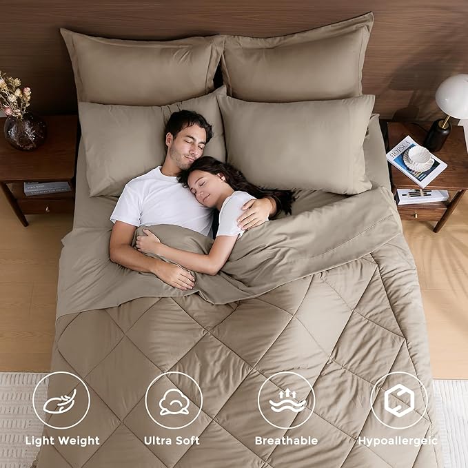 HEVUMYI Khaki & Linen Twin Comforter Set - 5-Piece All Season Bed in a Bag Twin, Ultra Soft Bedding Set with Comforter, Flat Sheet, Fitted Sheet, Pillowcases, Pillow Shams