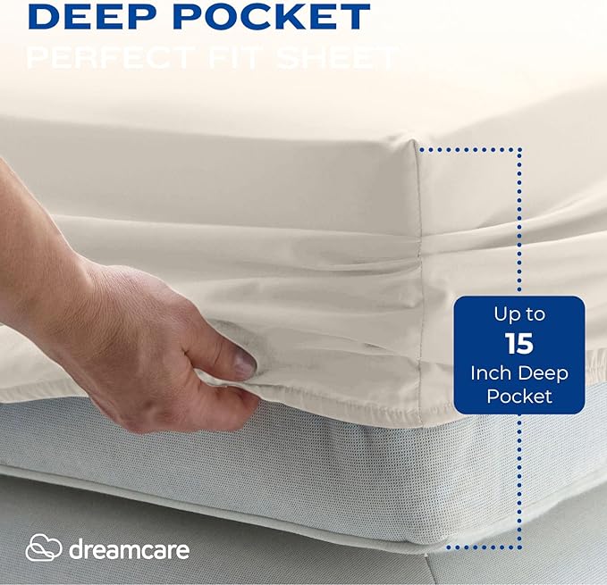 DREAMCARE California King Sheet Sets - Cooling Bed Sheets - 4pcs Set - up to 15" Deep Pocket Cal King Sheets - California King Sheets - Soft & Lasting 100% Brushed Polyester with Side Pocket - Ivory