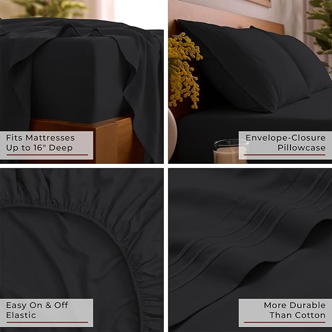 Mellanni Full Sheets Set - 4 PC Iconic Collection Bedding - Hotel Luxury, Extra Soft, Cooling Bed Sheets - Wrinkle, Fade, Stain Resistant (Full, Black)