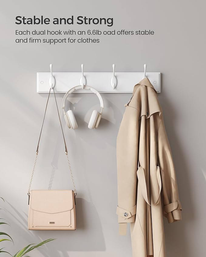 SONGMICS Wall-Mounted Coat Rack, Hook Rack, 4 Dual Metal Hooks, for Coats, Bags, Keys, in the Entryway, Bedroom, Living Room, White ULHR23WT
