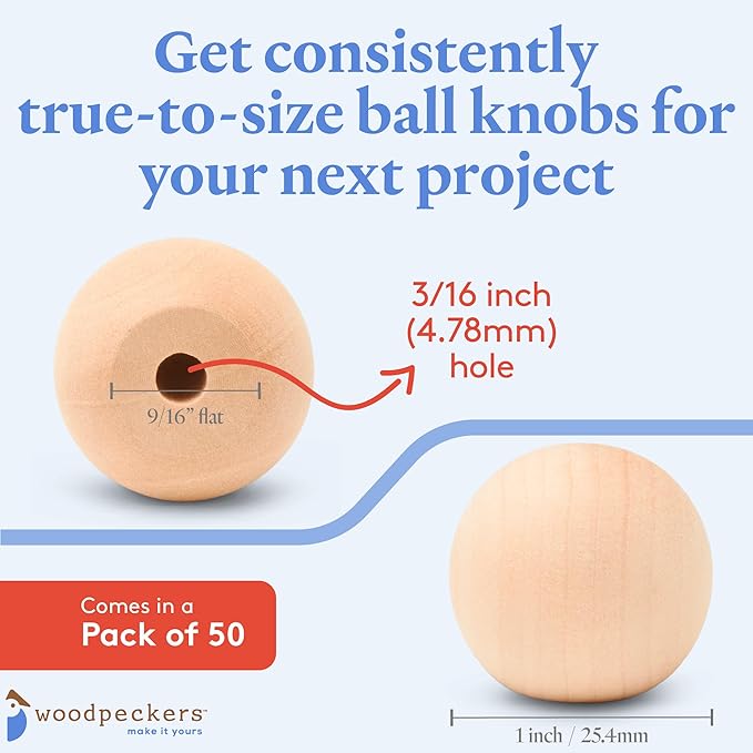 Wood Knobs, 1 Inch Round Natural Wood Drawer Pulls, Pack of 50 Unfinished Wooden Drawer Knobs, Ball Shaped Wood Cabinet Knobs, Nursery Dresser Knobs, Wood Door Knobs and Crafts