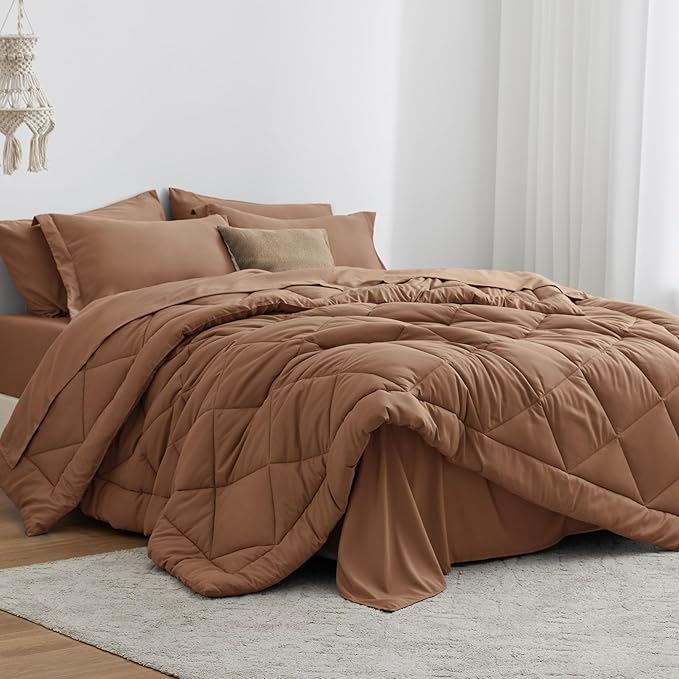 Love's cabin California King Comforter Set Mocha Mousse, 7 Pieces California King Bed in a Bag, All Season Bedding Sets with 1 Comforter, 1 Flat Sheet, 1 Fitted Sheet, 2 Pillowcase and 2 Pillow Sham