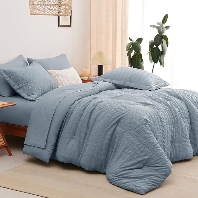 CozyLux Grayish Blue Full Size Comforter Sets with Sheets 7 Pieces, Dusty Blue Seersucker Bed in a Bag Textured Luxury Soft Bedding Set with Down Alternative Comforter, Sheets, Pillowcases & Shams
