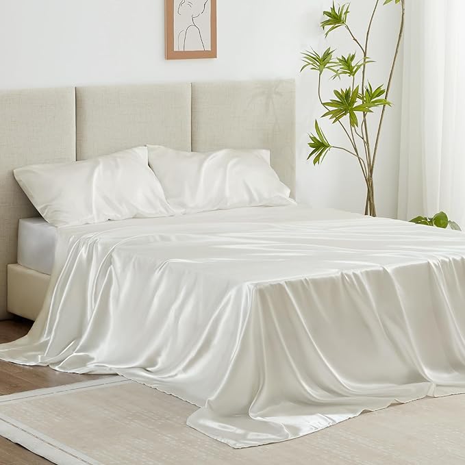 Love's cabin Twin Silky Soft Satin Bed Sheet Set - 3 Piece, Ivory, Luxury Fitted & Flat Sheets, Deep Pockets, Envelope Closure, 1800 Thread Count, Cooling, Breathable, Hypoallergenic