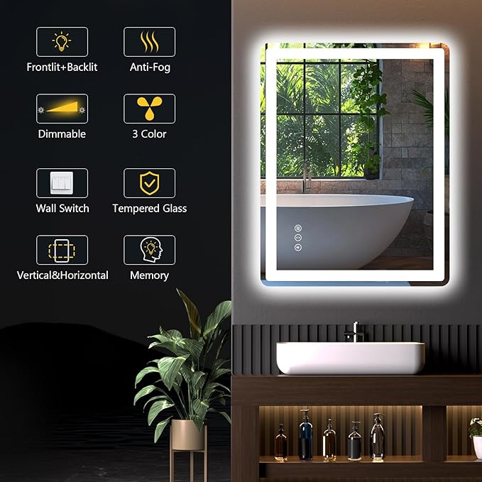 24x32 LED Mirror for Bathroom, Rounded Rectangle Mirror with Backlit + Front Lit, Bathroom Mirror with Lights, Anti-Fog, Dimmable, Lighted Vanity Mirror Tempered Glass(Horizontal/Vertical)