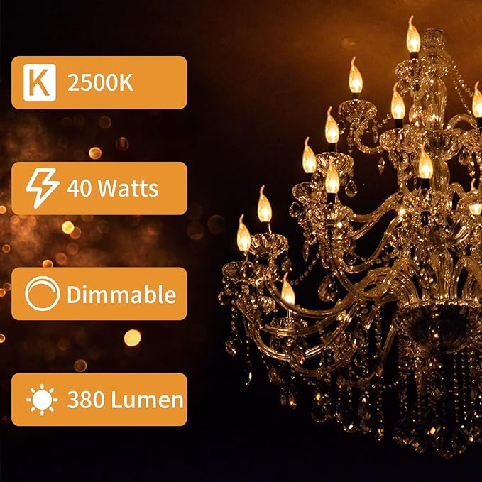 12-Pack E12 Candle Light Bulbs 40W Warm White 2500K, 380 Lumen Dimmable Chandelier Light Bulbs for Ceiling Fan, Pendants or Outdoor, CA10 Clear Candelabra Base Bulbs