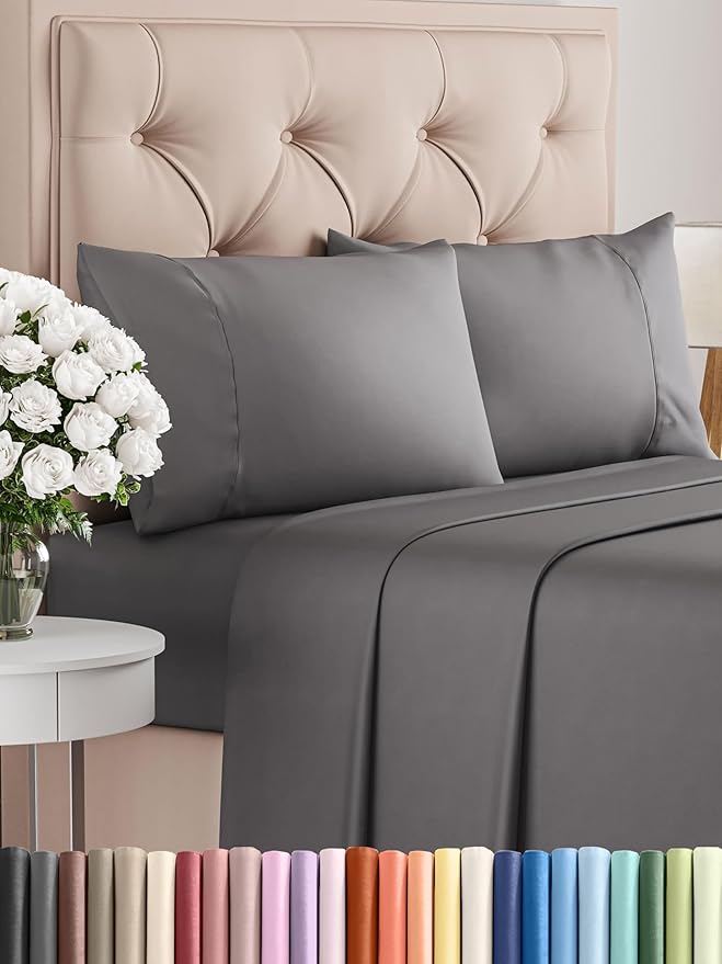 Twin XL 4 Piece Sheet Set - Comfy Breathable & Cooling - Ultra-Soft Hotel Luxury Bedding Set w/ 8-16 Inch Deep Pockets - 1 Flat & 1 Fitted Sheet & 2 Pillowcases - Wrinkle Free & Easy Care - Dark Grey