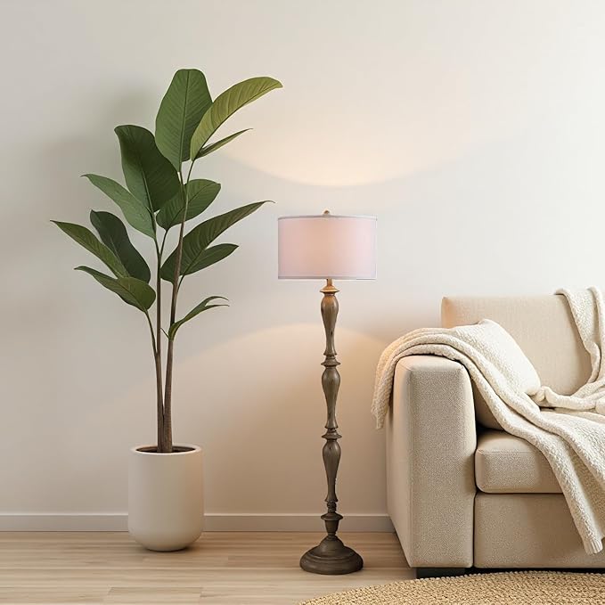 Design Floor Lamp Reading Light with Linen Shade, 61.5" Resin Farmhouse Floor Lamp, Vintage Standing Lamp for Living Room Bedroom Office (Brown 2 Packs)