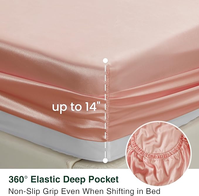 Love's cabin Satin Queen Sheets Set - 4 Piece Coral Silky Bed Sheets with Deep Pocket, Luxury Silk Feel Satin Queen Size Sheet Set (1 Flat Sheet,1 Fitted Sheet,2 Pillow Cases)
