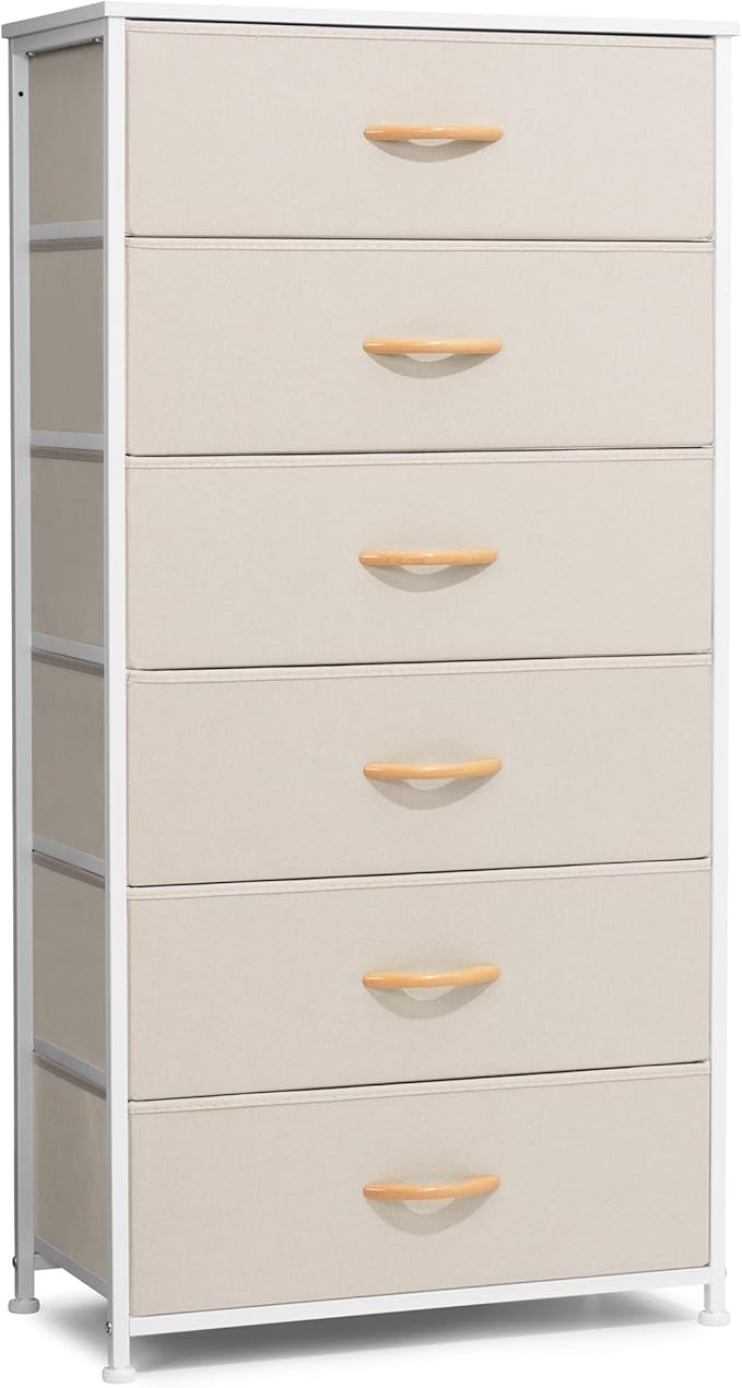 Crestlive Products Dresser for Bedroom with 6 Drawers, Tall Chest of Drawers, Fabric Dressers Bedroom Furniture, Storage Organizer Unit with Bins for Closet, Hallway, Living Room, Entryway(Beige)