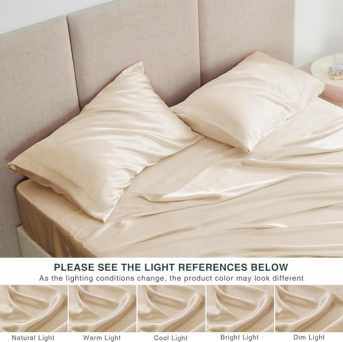 Love's cabin Twin Satin Sheets Sets - 3 Piece Beige Silky Bed Sheets with Deep Pockets, Luxury Silk Feel Satin Twin Size Sheet Set Bedding Set (1 Flat Sheet,1 Fitted Sheet,1 Pillow case)