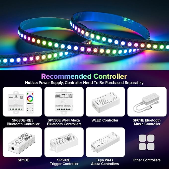 SEZO WS2812B LED Strip Light 3.3FT/1M 144LEDs/m Individually Addressable Programmable 5050SMD Digital RGB Alloy Wires Flexible Dream Color IP30 Non-Waterproof PCB White DC5V