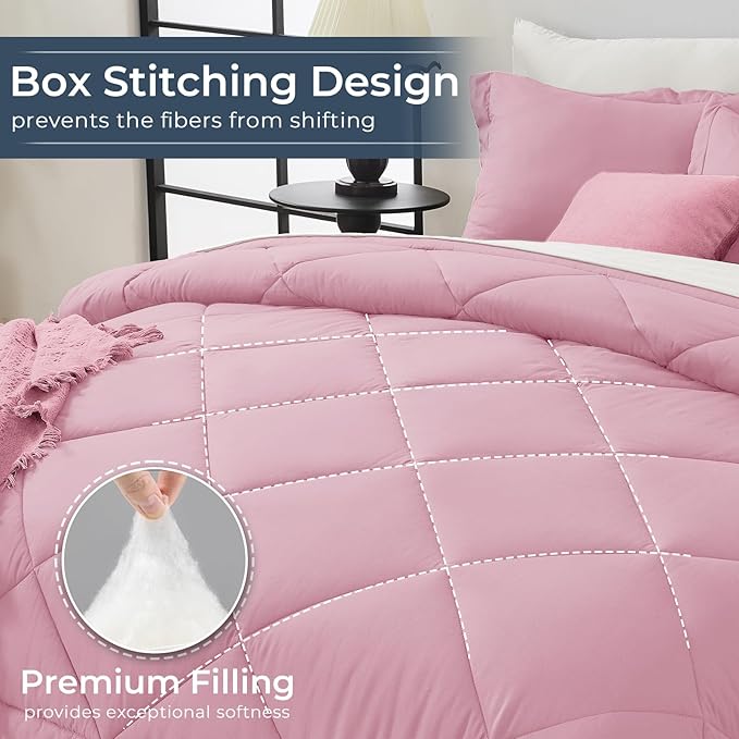 HEVUMYI King Comforter Set - 7-Piece All Season Bed in a Bag King, Ultra Soft Bedding Set with Comforter, Flat Sheet, Fitted Sheet, Pillowcases, Pillow Shams, Pink & Ivory