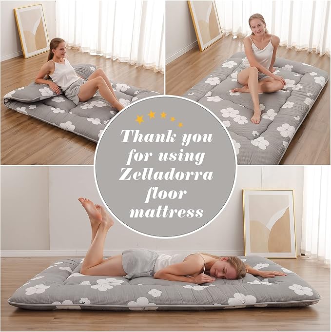 Japanese Floor Mattress, Futon Mattress with Portable Storage Bag and Washable Cover, Roll Up Thick Tatami Mat Suitable for Camping, Guest Room, Grey Cotton, Twin