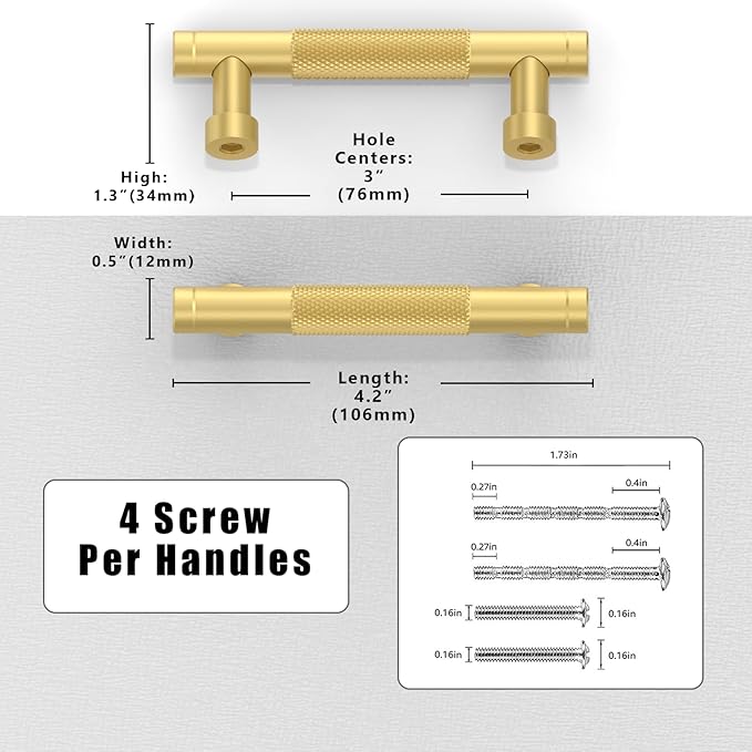10 Pack Brushed Gold Knurled Cabinet Pulls 3 Inch(76mm) Kitchen Cabinet Handles Solid Zinc Alloy Cabinet Hardware Drawer Pulls
