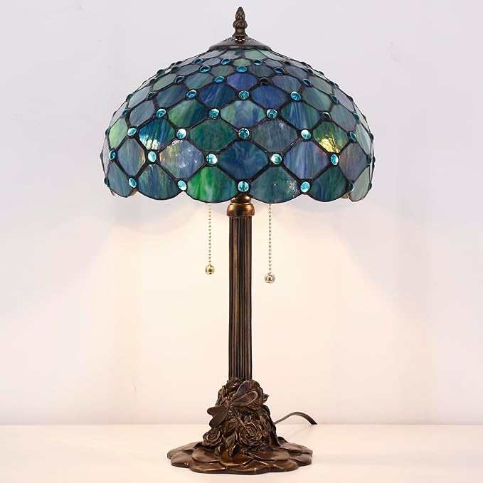 Tiffany Stained Glass Table Lamp 12X12X21Inch Resin Base Desk Bedroom Living Room Reading Light (Sea Blue Pearl)