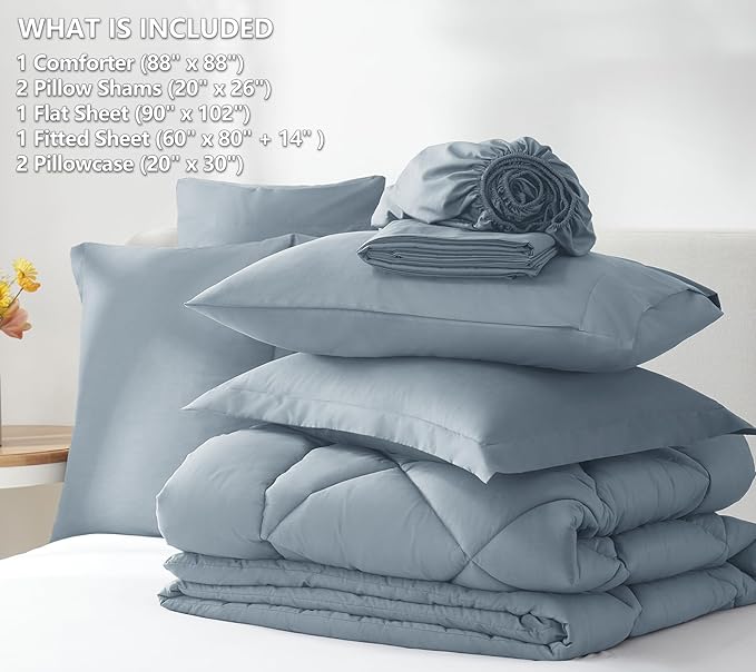 CozyLux Queen Comforter Set Dusty Blue - Bed in a Bag Queen Size 7 Pieces, Luxury Soft Bed Set for All Seasons, Bedding Set with Down Alternative Comforter, Sheets, Pillowcases & Shams, Grayish Blue